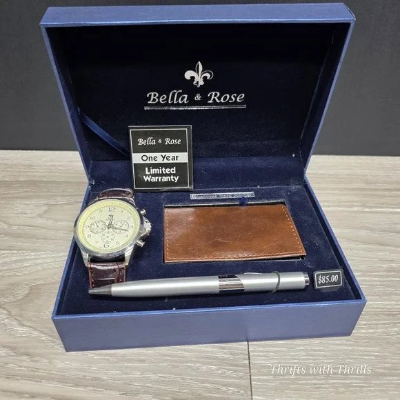 Bella & Rose Gift Set - Men's Watch, Pen, Business Card Holder Gift Set - New - Picture 2 of 14